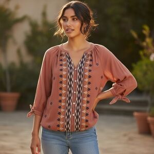 Figueroa & Flower Lulu Rust Embroidered Peasant Blouse Sz M